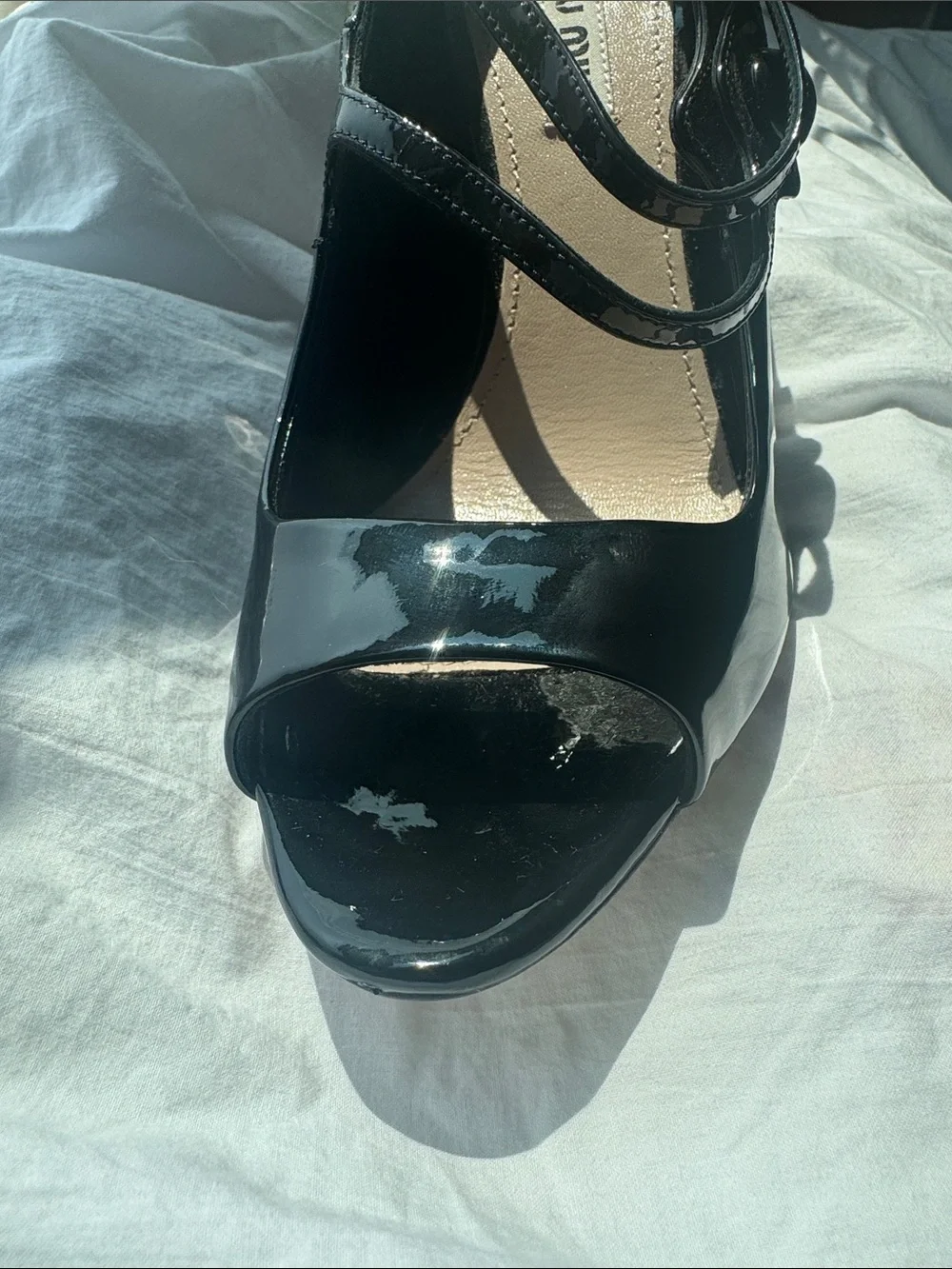 Miu Miu Black Patent Leather Mary Jane Peep-Toe Heels with Double Straps